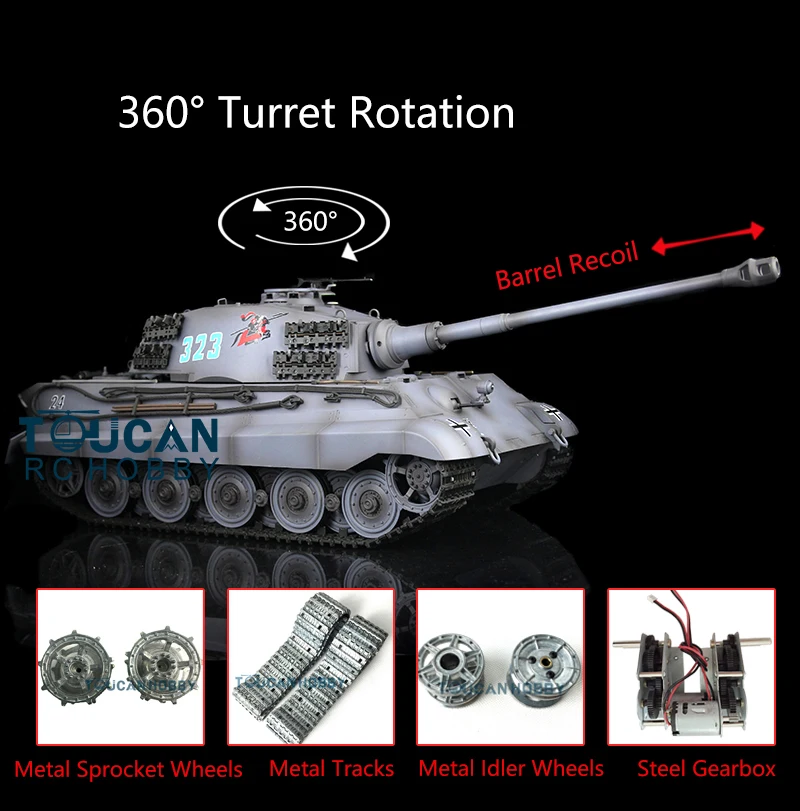 HENG LONG 1/16 Gray 7.0 RC Tank Upgraded King Tiger 3888A Barrel Recoil 360° TH17540-SMT4