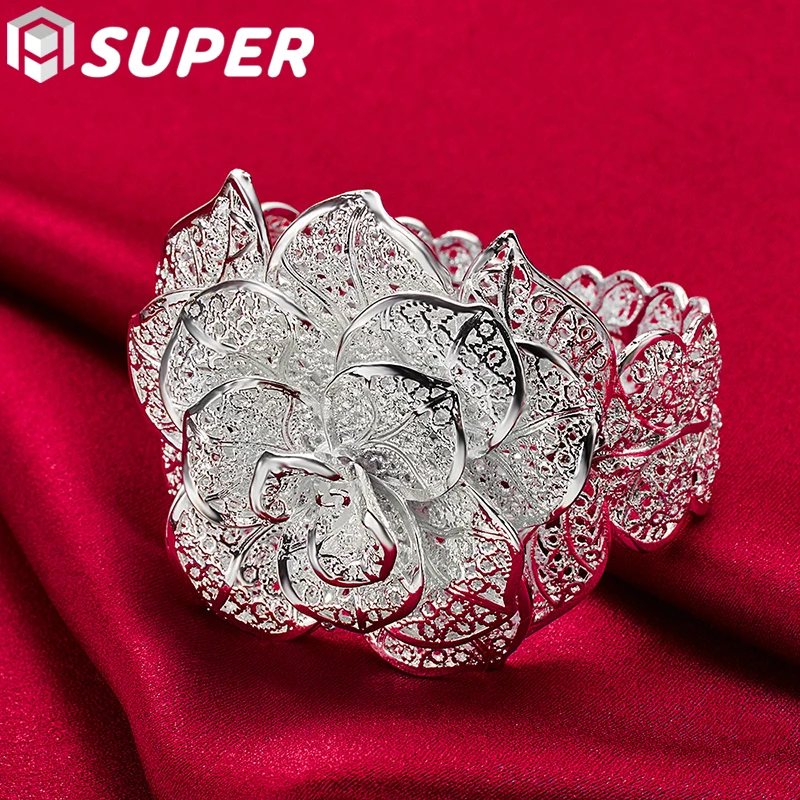 925 Sterling Silver Big Flowers Bangle Bracelet For Woman Wedding Engagement Fashion Charm Party Jewelry