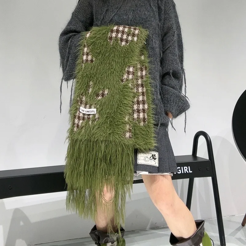 New winter collection: women's thick, warm, soft plaid wool scarf with feather trim, featuring a stylish design and versatil
