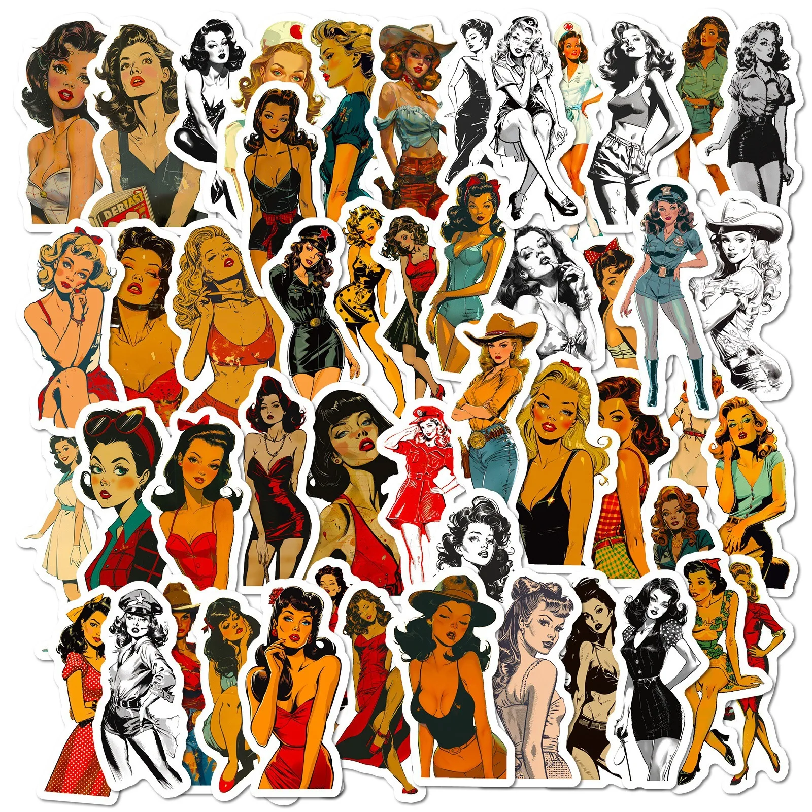 50Pcs Non Repeating Classic Retro Lady Doodle Stickers DIY Notebook Luggage Water Bottle Sticker Decals