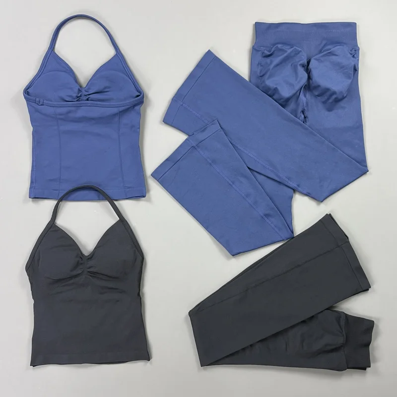 2 Piece Sport Flares Leggings Set Women Longline Strappy Top and Fitness Flared Pants Sets Yoga Running Workout Gym Pant Suit