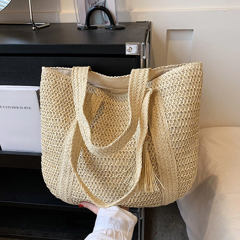 Bolsa de mão trançada de palha simples para mulheres, bolsa de ombro de praia, sacola de grande capacidade, moda casual, 2023