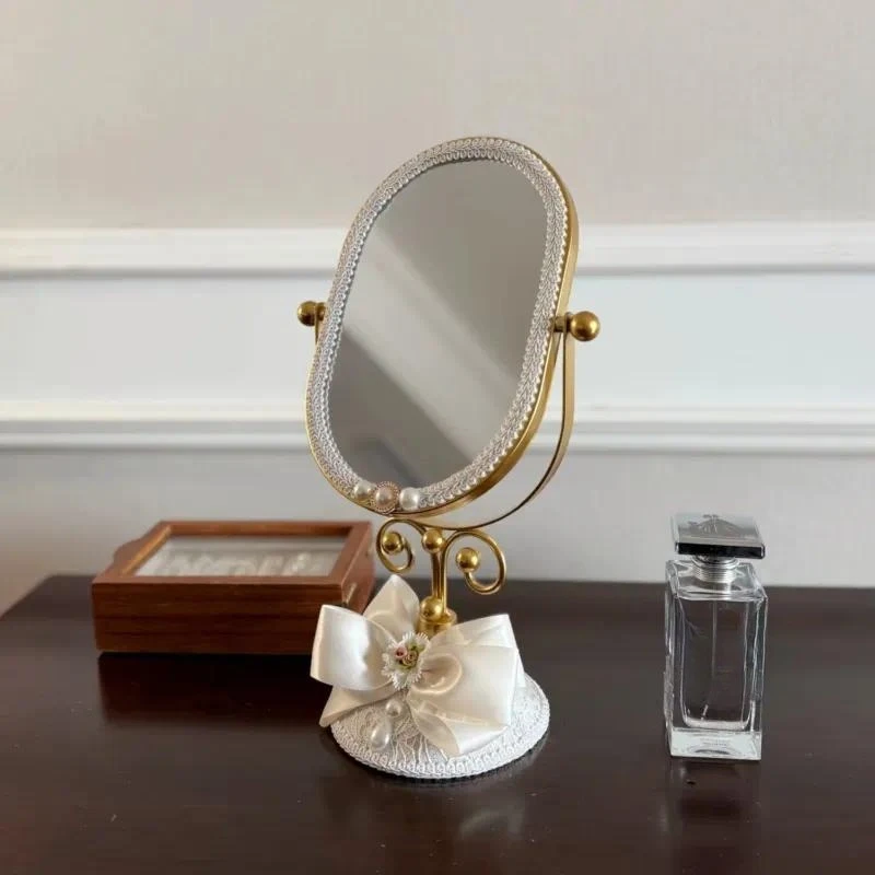 French Retro Pearl Oval Makeup Mirror Lace Decorative Dresser Mirror Rotatable Tabletop Vanity Mirror for Bedroom