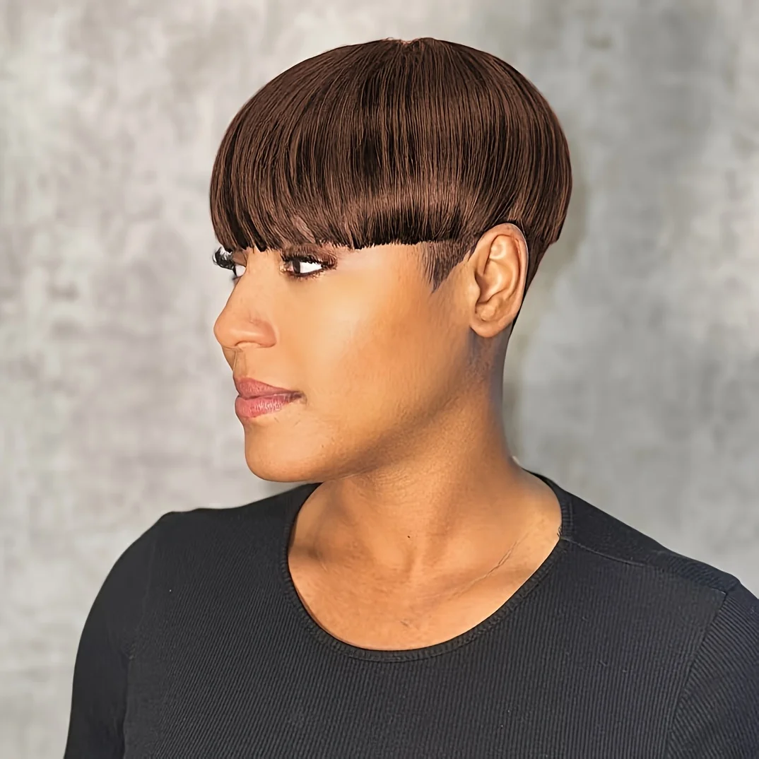 4#/99J/1B Colored Pixie Cut Straight Human Hair Wig for Women Full Machine Made Wig Short Layered Straight Wig with Bangs 6Inch