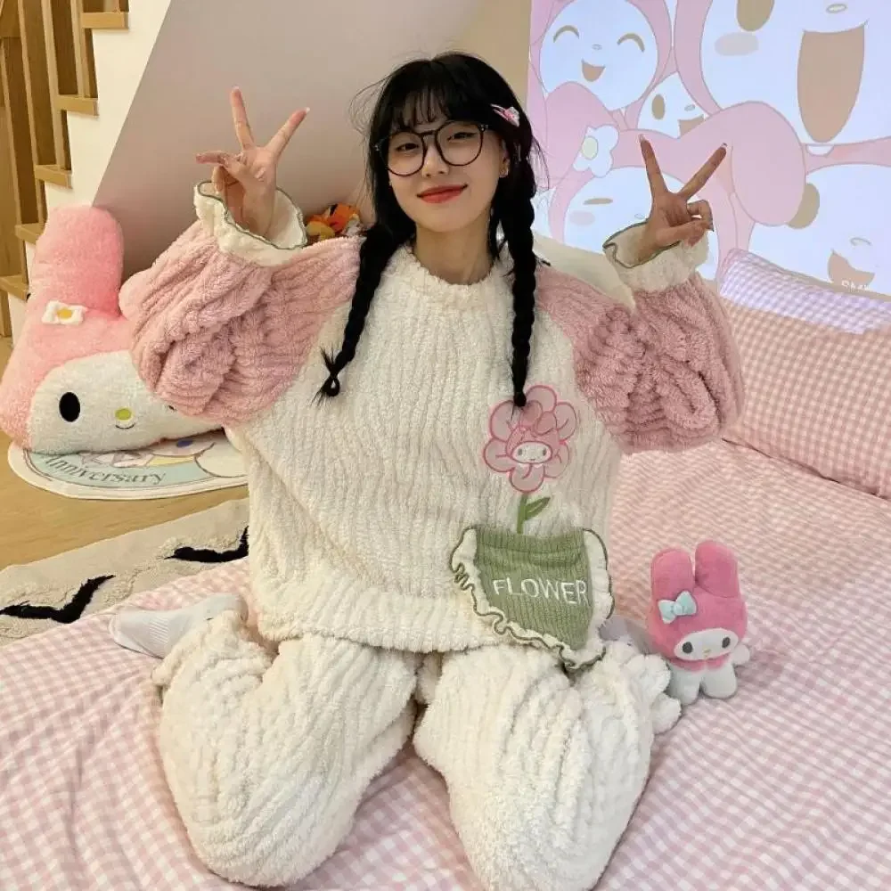 Anime Women Kuromi Pajama Set Sanrioed Kawaii Plush Home Clothes Cartoon Winter Thickened Long Sleeves Pants Girl Cute Keep Warm