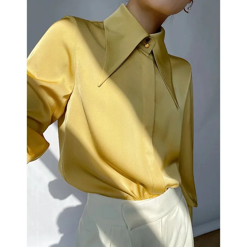 Elegant Satin Silk Women Shirts Spring Autumn Vintage Turn Down Collar Female Blouse White Office Ladies Shirt Tops Blusas 16946