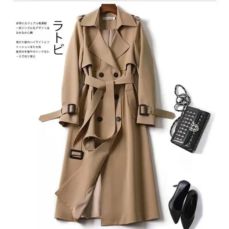 Długi trencz damski sznurowany płaszcz z guzikami z pełnym rękawem skręcić w dół kołnierz kurtki splotowe solidne kieszenie Office Lady Streetwear
