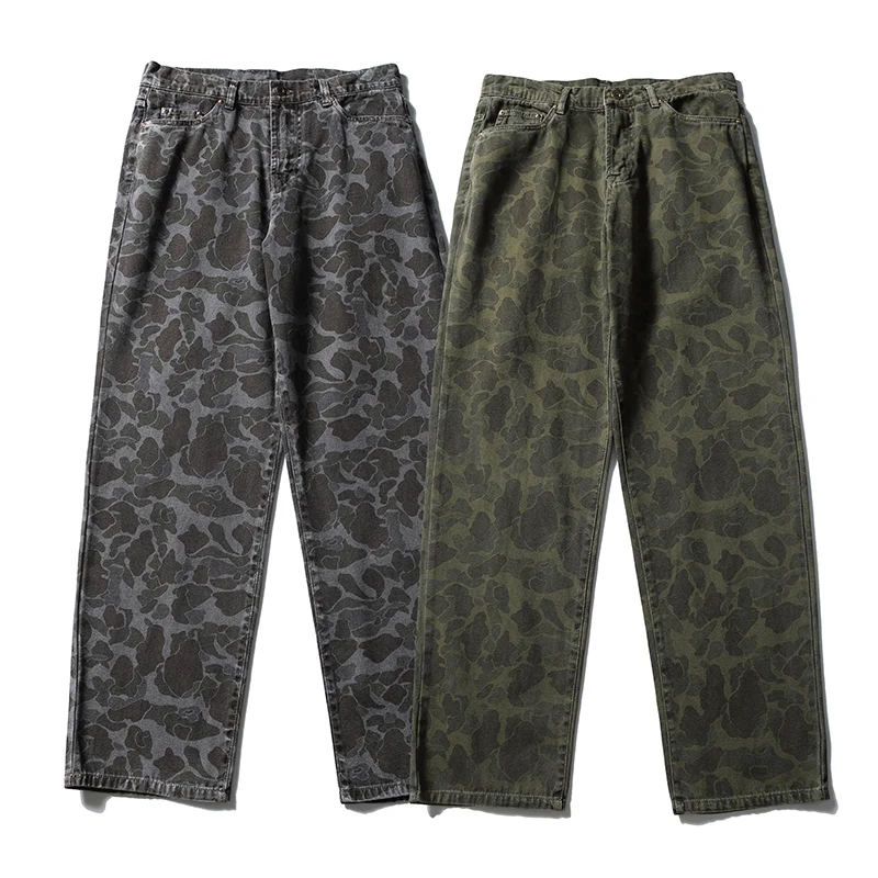 

370gsm Heavyweight 100% Cotton Washed American Retro Camo Pants - Unisex High-Street Casual Straight Workwear Trousers Unisex