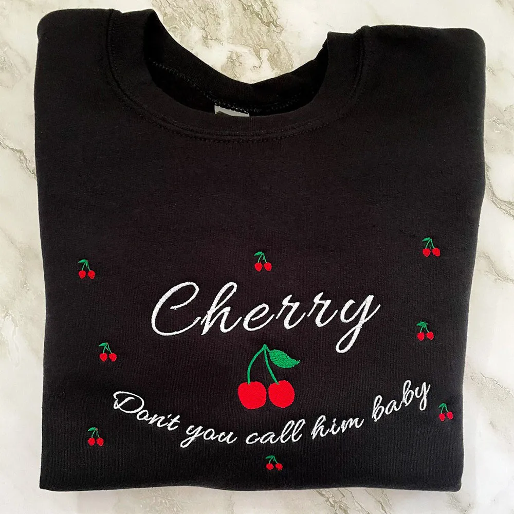 Don't You Call Him Baby Cherry Embroidered Vintage Sweatshirts Black Loose Cotton Thick Autumn Tops Casual Cute Warm Pullover