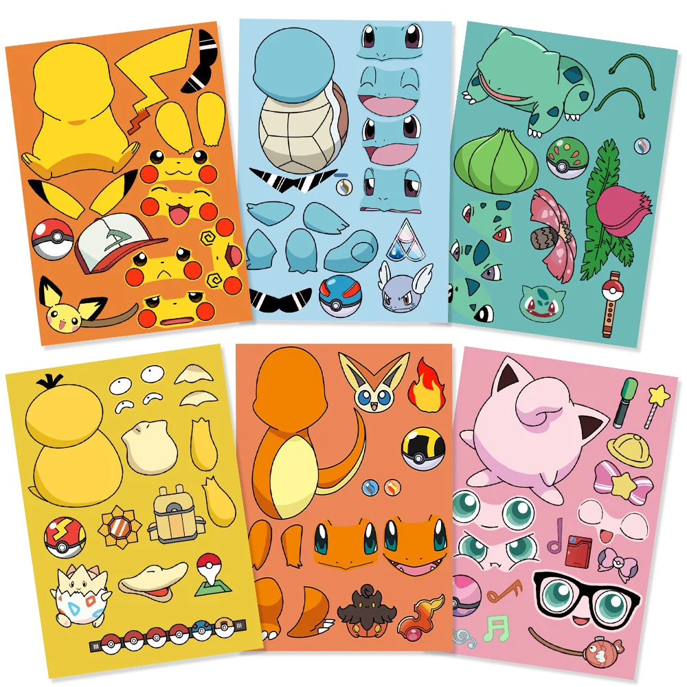 

8/16sheets Pokemon Children Puzzle Stickers Anime Cartoon Make a Face DIY Assemble Jigsaw Game Decals for Kid Birthday Gift Toys