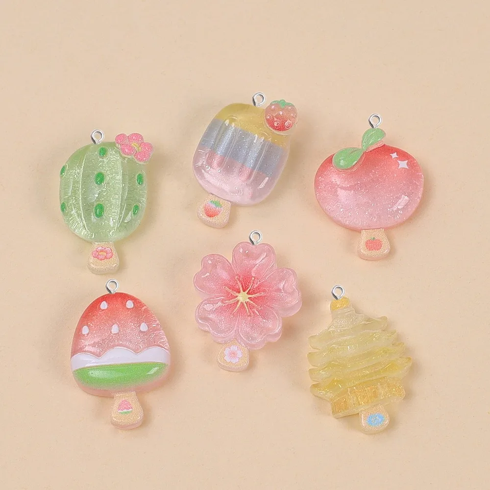 10Pcs Kawaii Summer Popsicle Resin Pendants Cactus Peach Flower Glitter Ice Cream Charms for DIY Jewelry Earring Keychain Decor