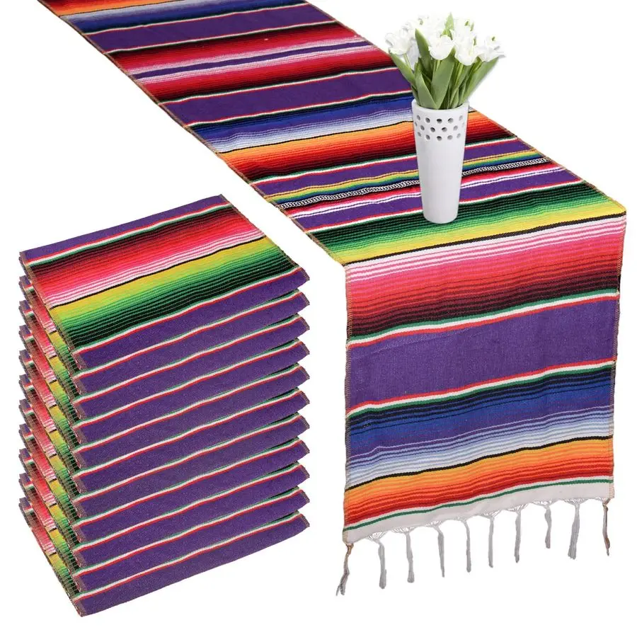 

12 Packs Mexican Blanket Serape Table Runner Colorful Striped Fringe Cotton Table Runner for Mexican Birthday Party Wedding Holi
