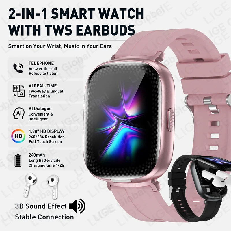 Audio With Music Ai - LIGE 2026 สมาร์ทวอทช์ 2-in-1 พร้อมหูฟังบลูทูธ TWS