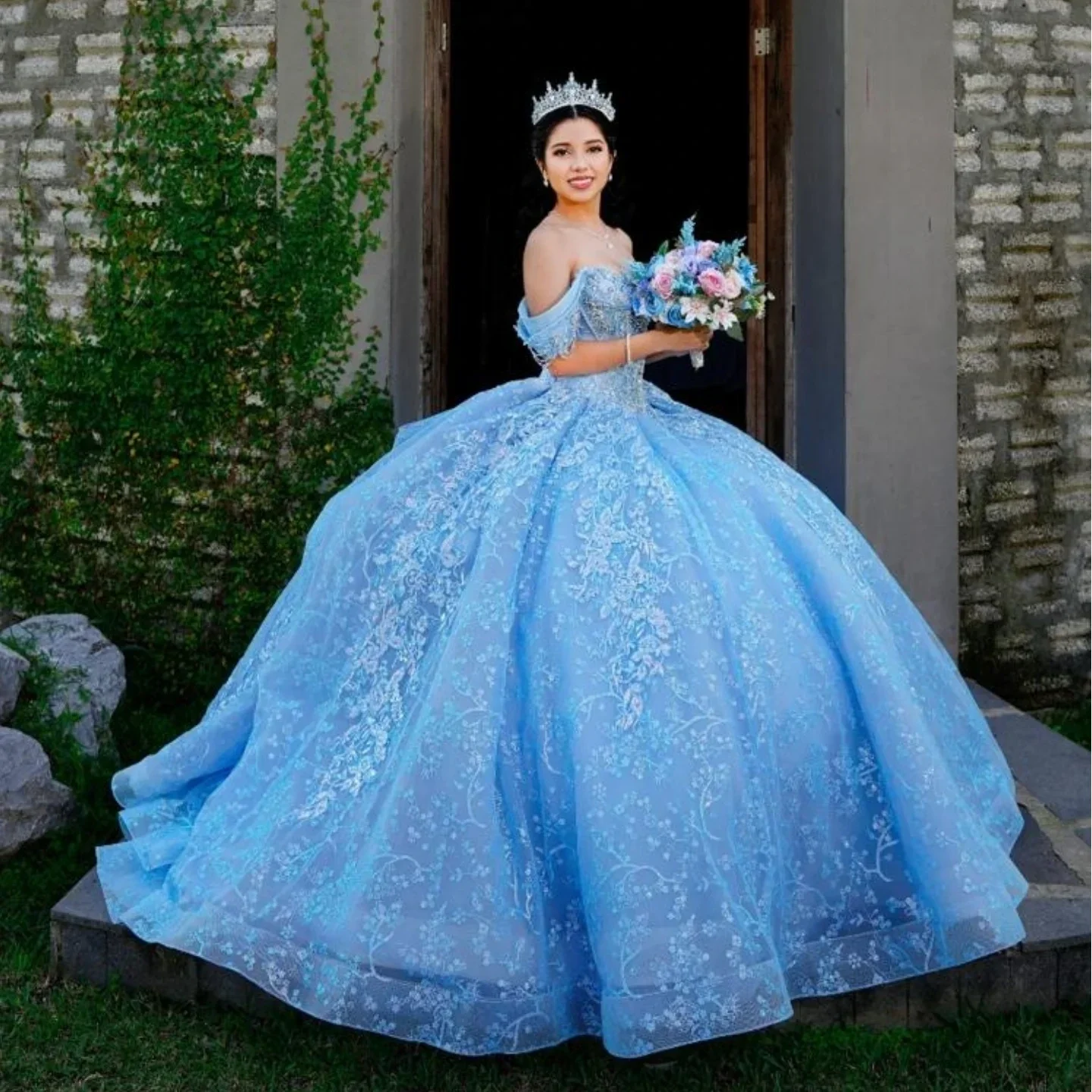 Blue Shiny Ball Gown Quinceanera Dresses Applique Lace Beading Crystal Tull Corset Off Shoulder Sweet 16 Dress Vestidos 15 De