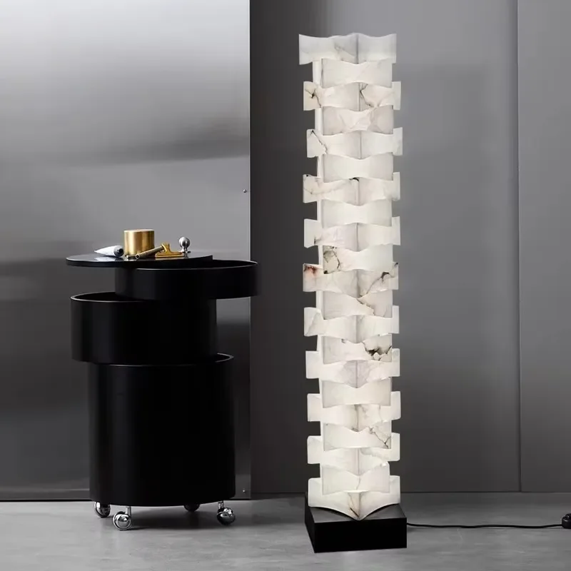 Custom Art Design Kitchen Corner LED Standing Light Alabaster Stone & Copper Floor Lamp with Smart Features