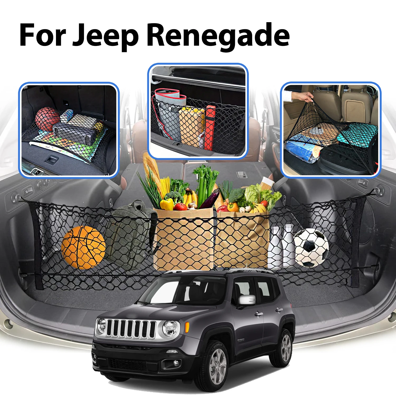 Car Cargo Net Stretchable,Car Gadgets, Adjustable Elastic Trunk Storage Net with Hook for Jeep Renegade