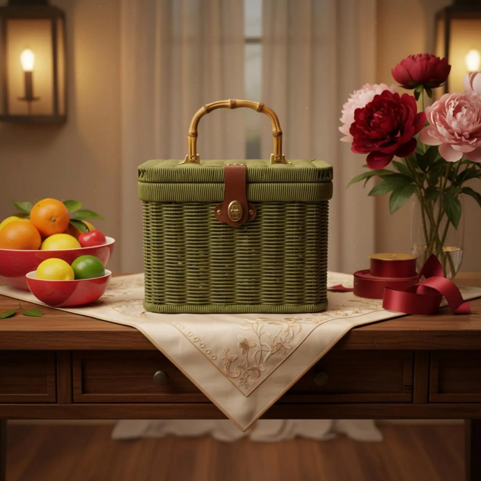 Woven Gift Basket with Lid Portable Rattan Design Storage Case Handled Storage Box Lightweight Vintage Suitcase Basket