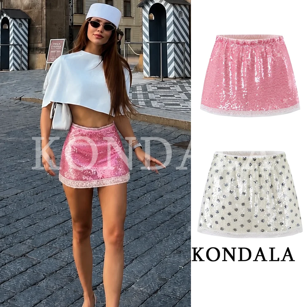 KONDALA Women Summer Trendy Party Sequined Mini Skirt 2026 Fashion High Street Holiday Skirts Chic Elastic Waist Lace-Hem Skirts