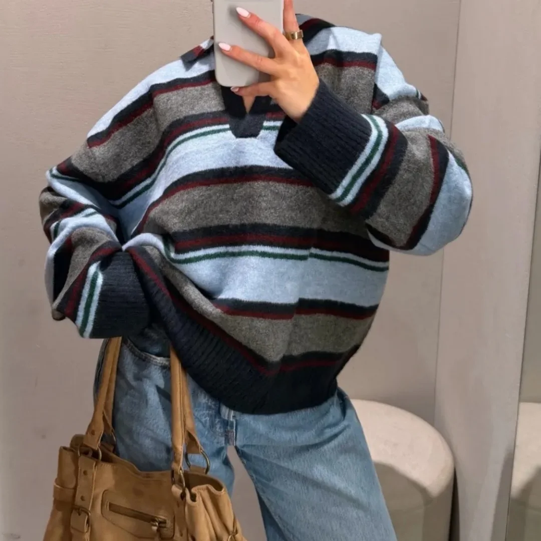 Womens Vintage Striped Knitted Polo Sweater V Neck Lapel Collar Loose Oversized Jumper Casual Preppy Dark Academia Outerwear