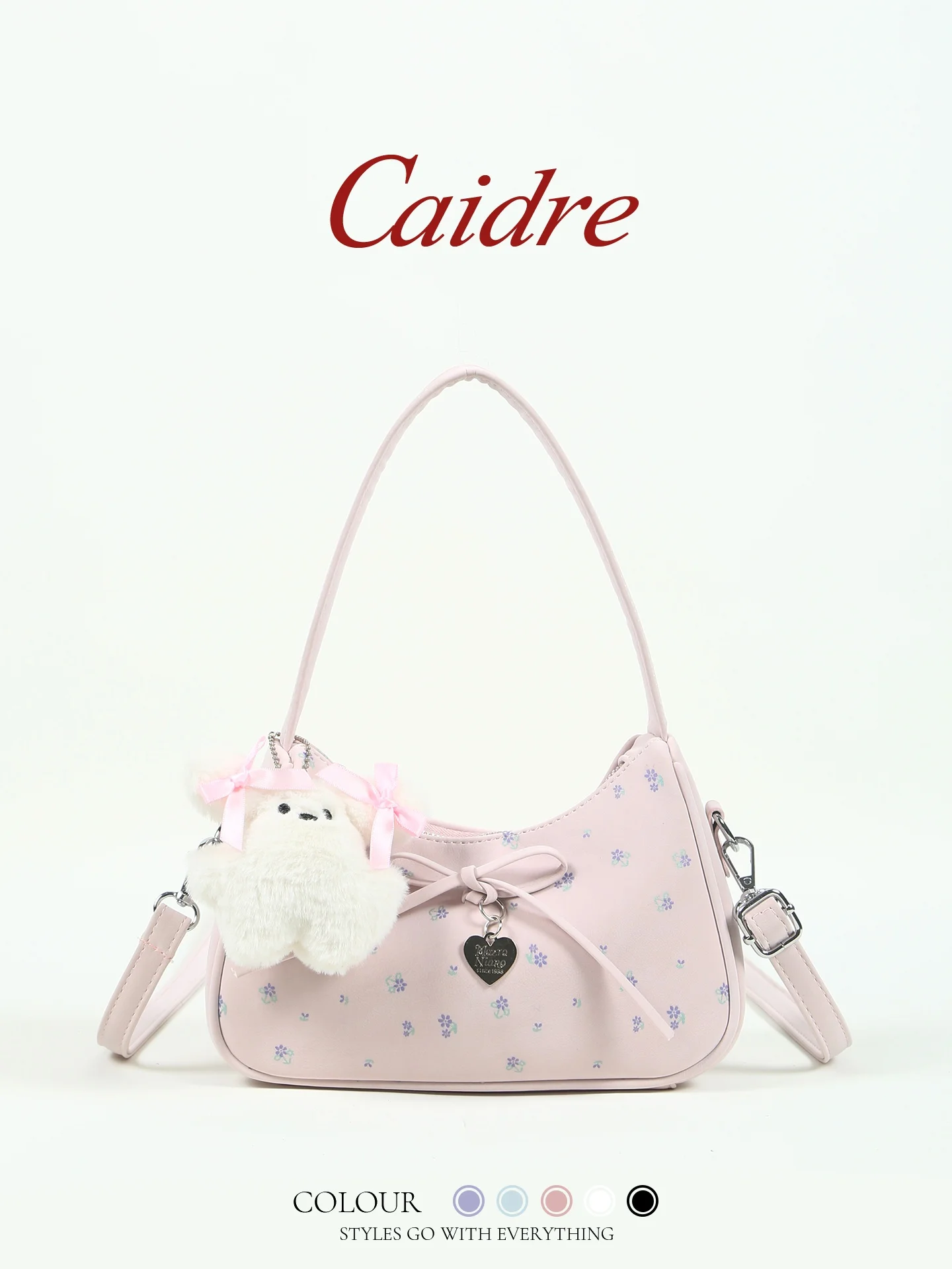 Caidre Feminine Polka Dot Floral Handbag Small Crossbody Shoulder Bag Commuter Pink Trendy Underarm Bag Square Shape PU Leather