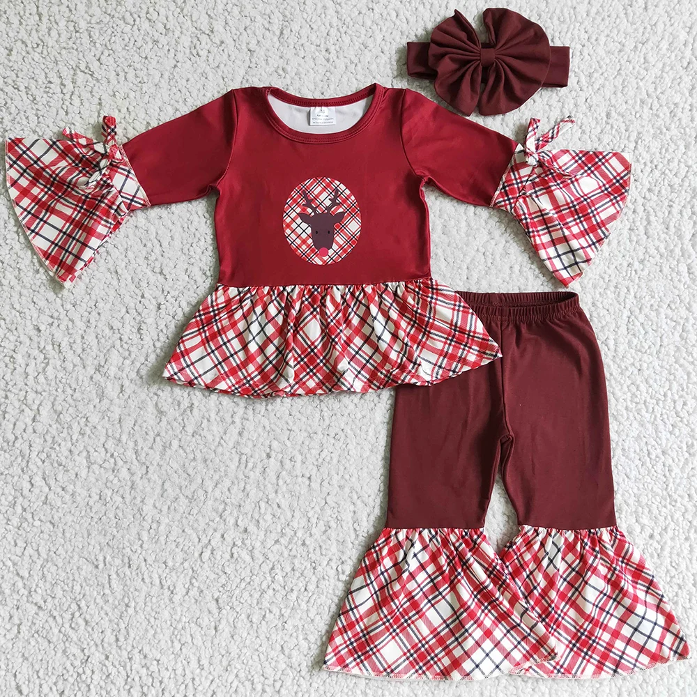 

Girls Boutique Clothing Deer Print Christmas Baby Girl Clothes with Bow Cute Kids Clothes Girls Outfits Wholesale Children Set