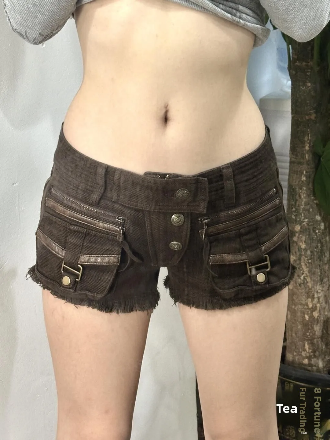 Low Waist Pocket Denim Shorts Women's Y2K Style Summer Pants Slim Fit Micro Stretch Polyester Fabric Zipper Closure