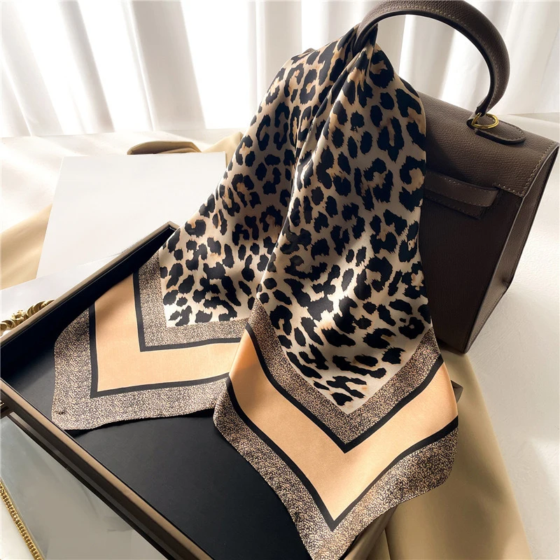1pcs 70cm Leopard Print Silk Scarf for Women Imitation Silk Light Luxury Versatile Headwear Bag Decoration Clothing Square Scarf image 2