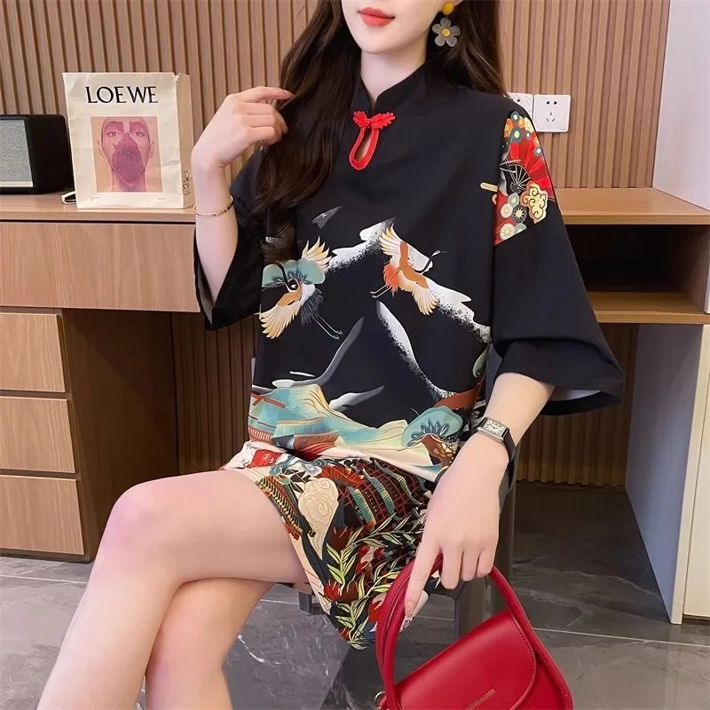 

large Size 300Kg Chinese style modified cheongsam short-sleeved t-shirt women summer tide design sense of loose fat mm