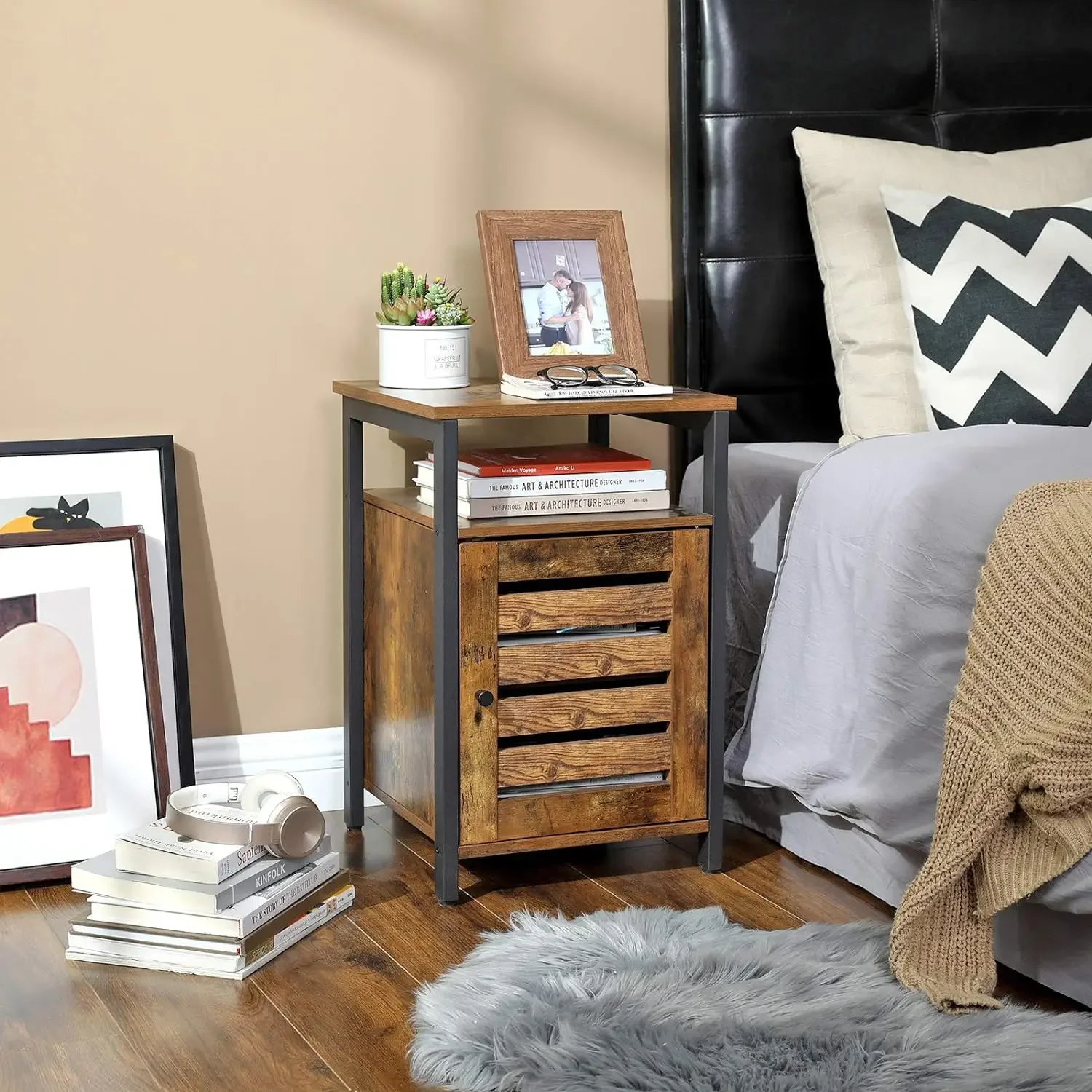 Industrial Rústico Nightstand e Bookshelf Bundle, Marrom e Preto Móveis