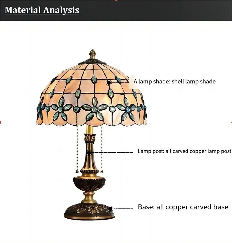 American Full Copper Pure Natural Shell Desk Lamp Bedside  Table Light Bedroom  Pure Copper European Retro  Lamp