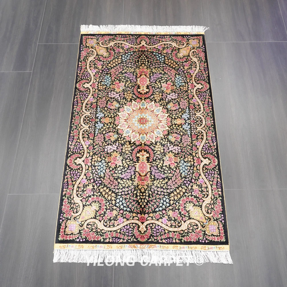 91x152cm Luxury Black Floral Hand Knotted Pure Silk Persian Oriental Rug (ZQG539A)