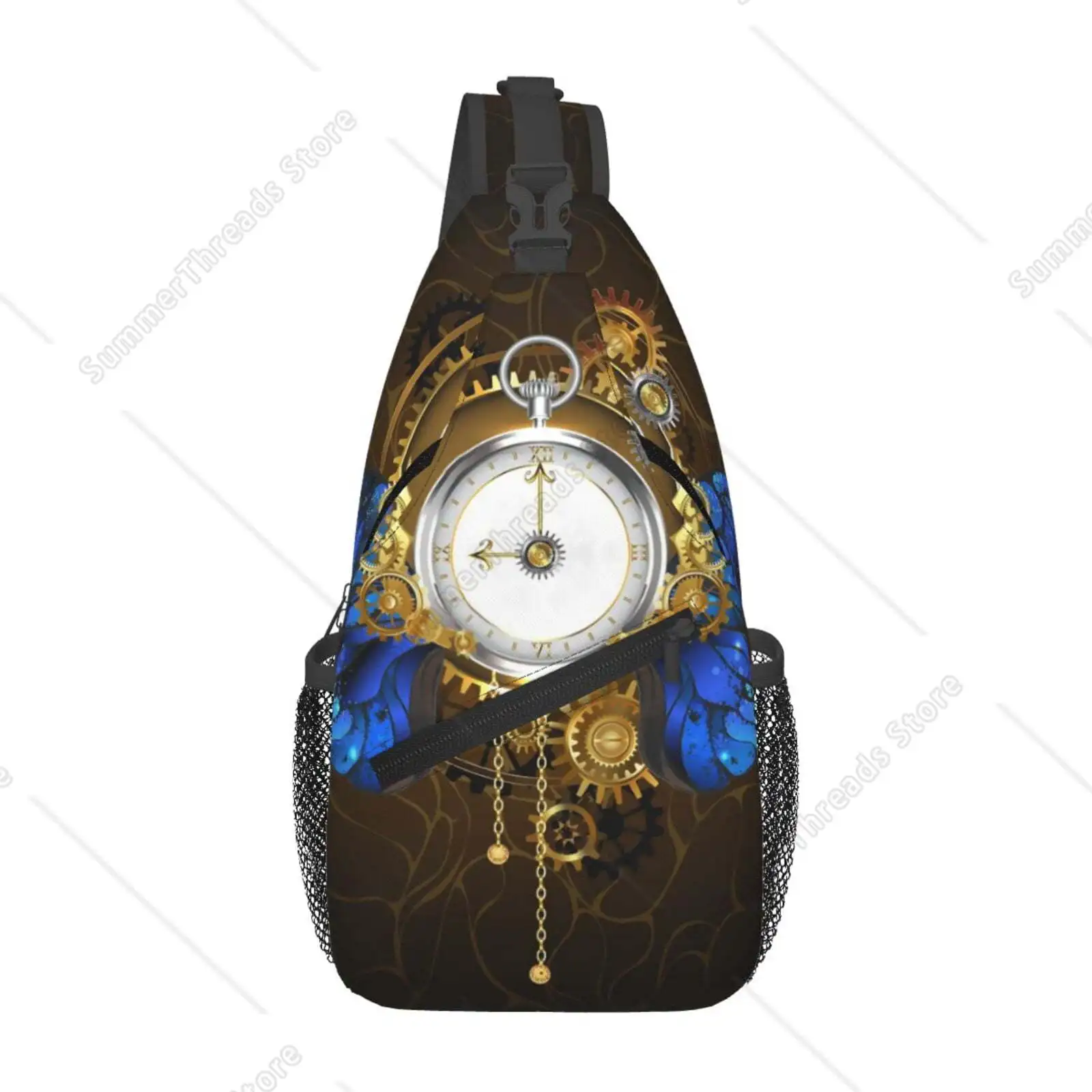 

Синяя бабочка, антикварные часы, сумка через плечо, нагрудный рюкзак для женщин и мужчин, повседневный регулируемый рюкзак на плечо для пеших прогулок