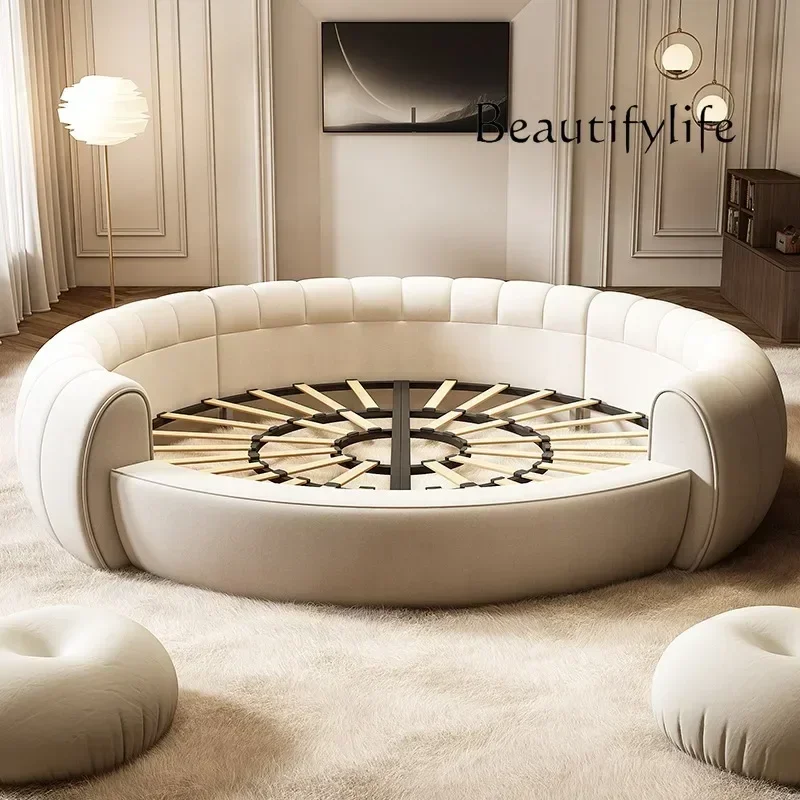 

leather sectional Marriage Bed Modern Minimalist Home Bed Fabric round Bed Ins Cream Style Double