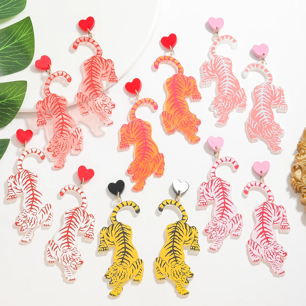 لطيف وممتع القلب النمر استرخى أقراط للنساء الملونة الاكريليك سبيكة مجوهرات بأشكال حيوانات الصيف عطلة بيان الملحقات #2