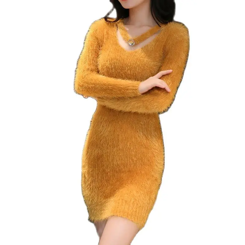 Faux Mink Furry Sweater Women Autumn Winter Embroidery Elasticity Knit Bottoming Pullover Hippocampus Sexy Package Hip Dress