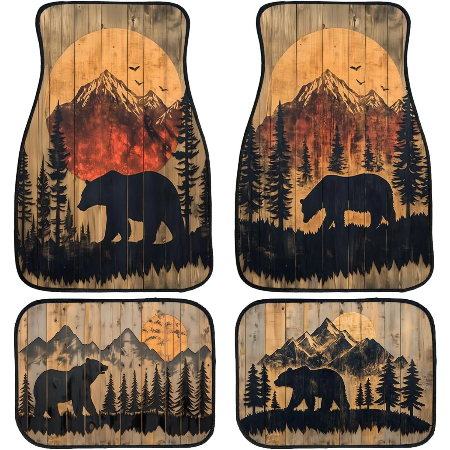 Bear Car Floor Mats Set Of 4 Mountain Sunset Forest Silhouette Rustic Automotive Foot Mats Rugs Carpet For Car Non-Slip Auto Car