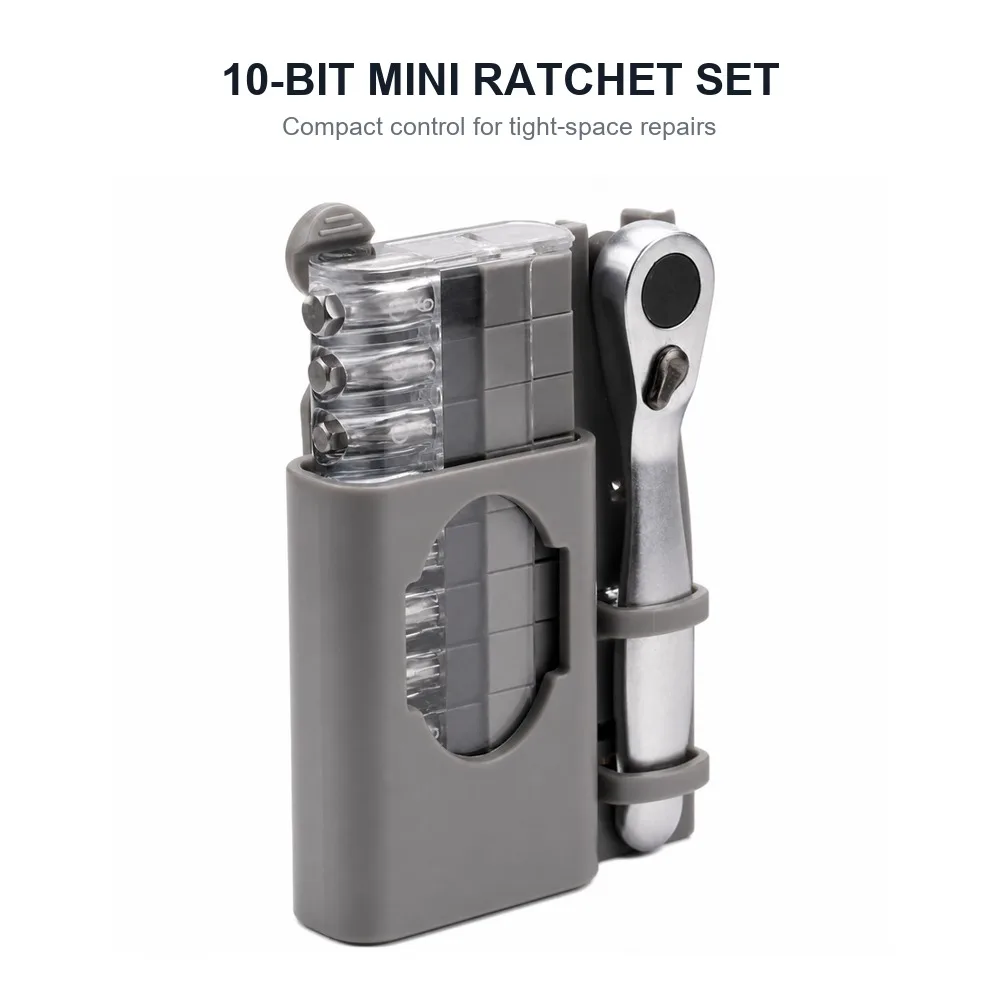 Mini Ratchet Screwdriver Set with 10 Bits, Compact Forward Reverse Repair Tool for Tight Spaces, Furniture and Appliances