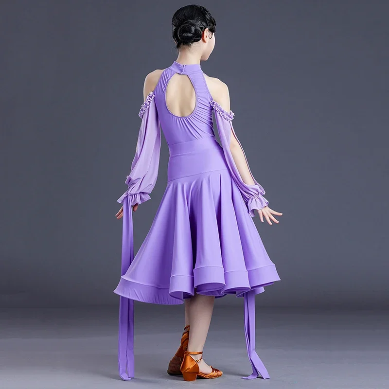 Body de danse moderne pour enfants filles, manches flottantes, épaules découpées, fendue, Standard National, grande jupe pivotante, vêtements de danse professionnels