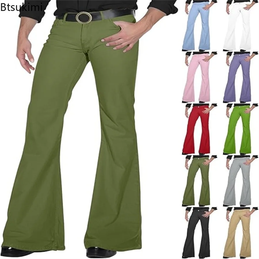 2026 Fashion Men's Vintage Disco Flared Pants Solid Stretch Slim Fit Trousers Hippie Style Casual Wide Leg Pants Male Streetwear