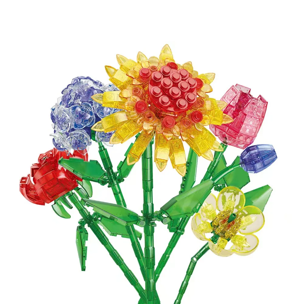 Ramos de flores de cristal para niños, 1 piezas, bloques de construcción, girasol, orquídea, rosa, plantas, decoración de la ciudad, juguetes para