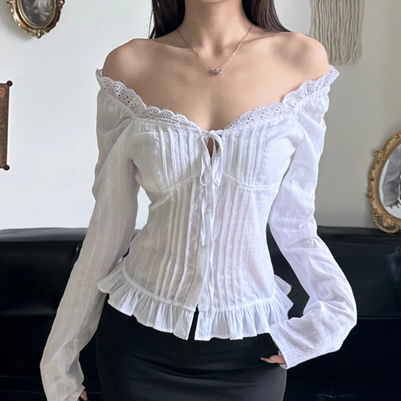 

French solid color wood ear edge lace-up long sleeve T-shirt women's V-neck waist sexy off-the-shoulder lace cardigan top