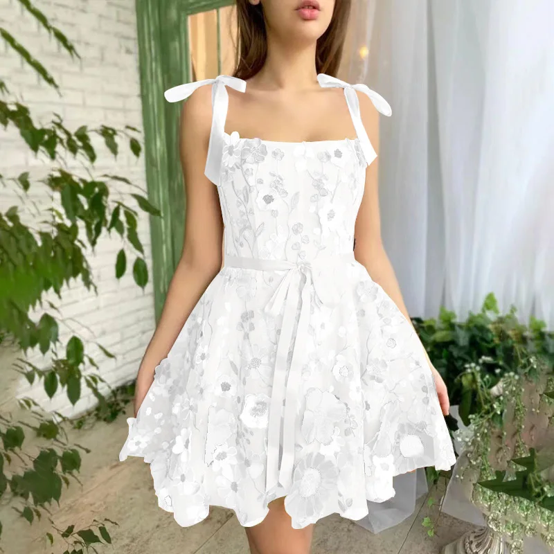 2025 verão sexy fora do ombro vestido sem alças floral bordado bodycon faixa arco vestido princesa fairycore noite mini vestido