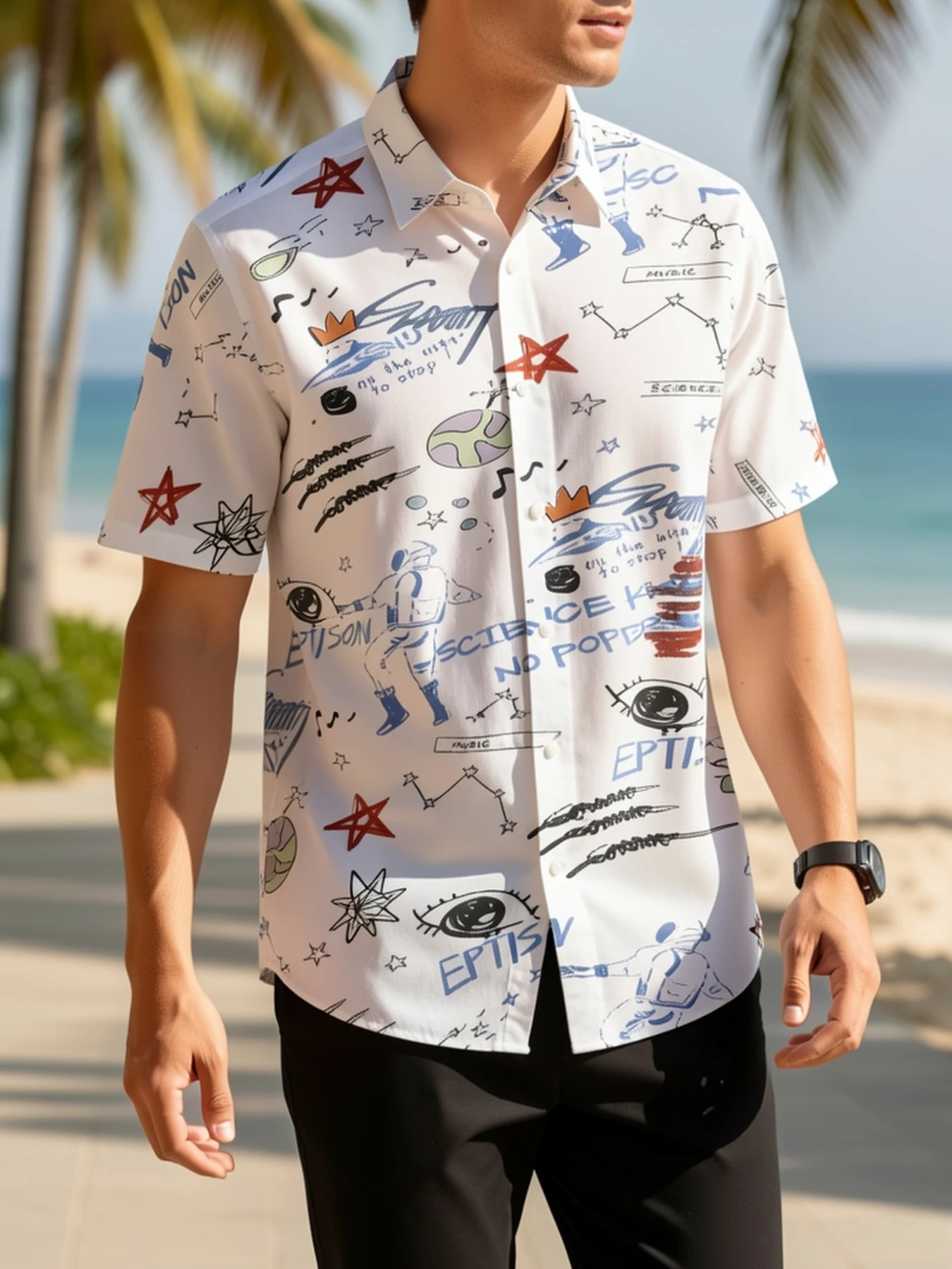 Men Short Sleeve Shirt White Graffiti Space Astronaut Star Print Turn‑Down Collar Hawaiian Casual Tops