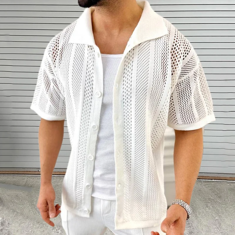 Beach Casual Breathable Hollow Out Shirt Men Knit Solid Color Buttoned Lapel Short Sleeve Knitted Cardigan Mens Shirts Summer