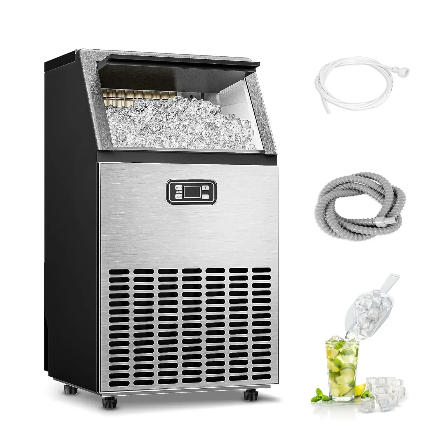 

Commercial Ice Maker Machine 100lbs Daily Under Counter Self Cleaning Timer Stainless 33lbs Storage