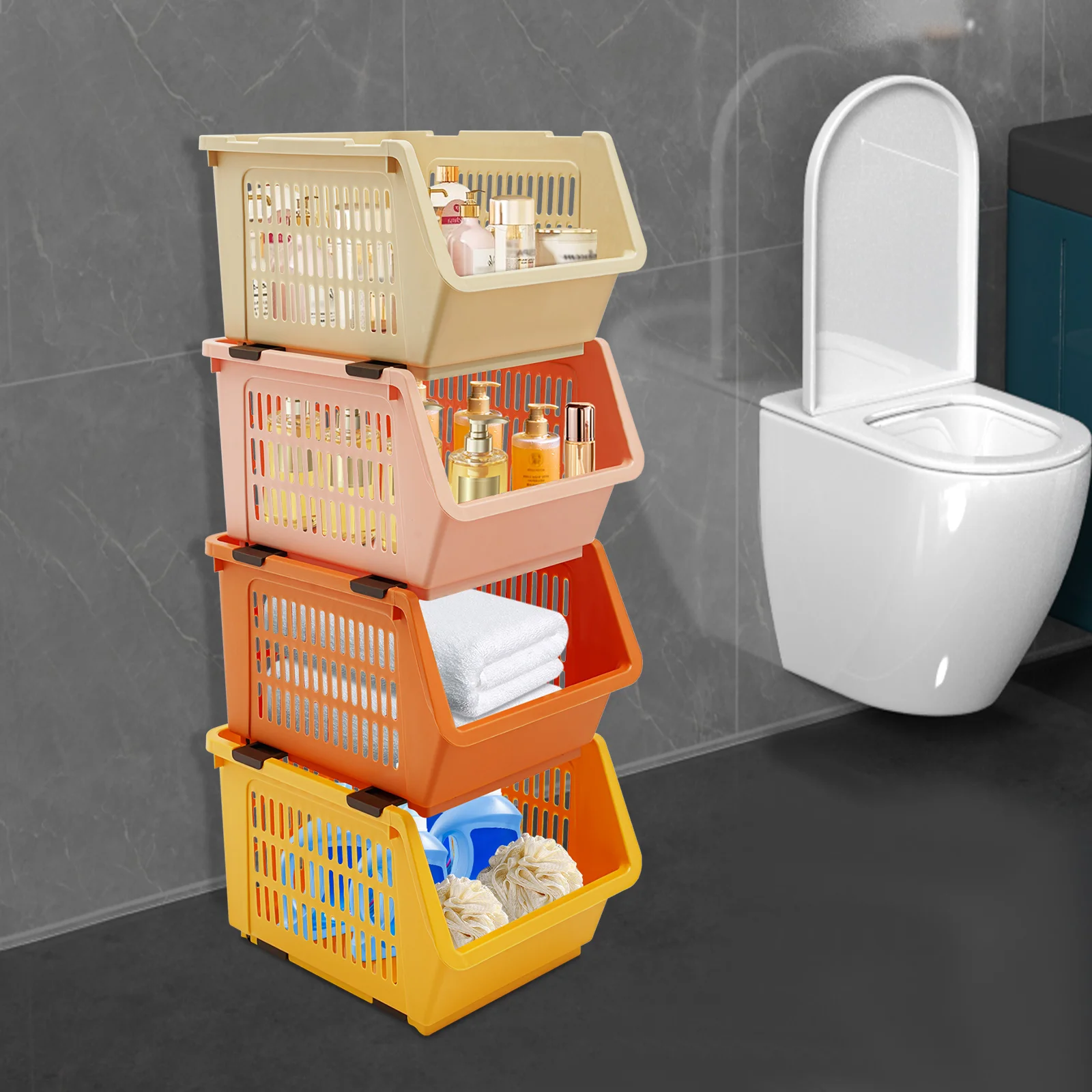 سلال تخزين كبيرة قابلة للتكديس، 4 صناديق تنظيم مع مقابض، صناديق بلاستيكية قابلة للطي لتنظيم مخزن الخزانة #4