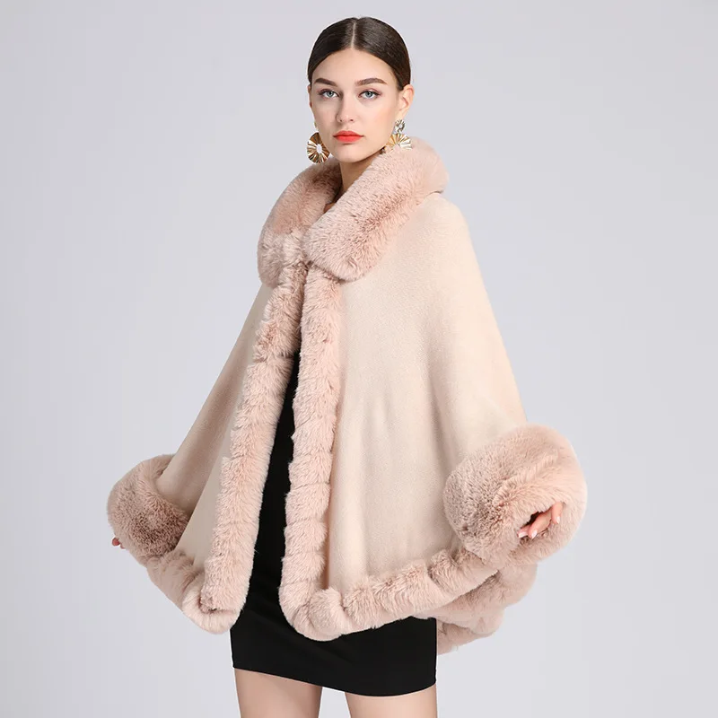 5 Color Winter Batwing Sleeves Cloak Women Warm White String Faux Rabbit Fur Turn-Down Collar Poncho Cape Knitted Outstreet Coat