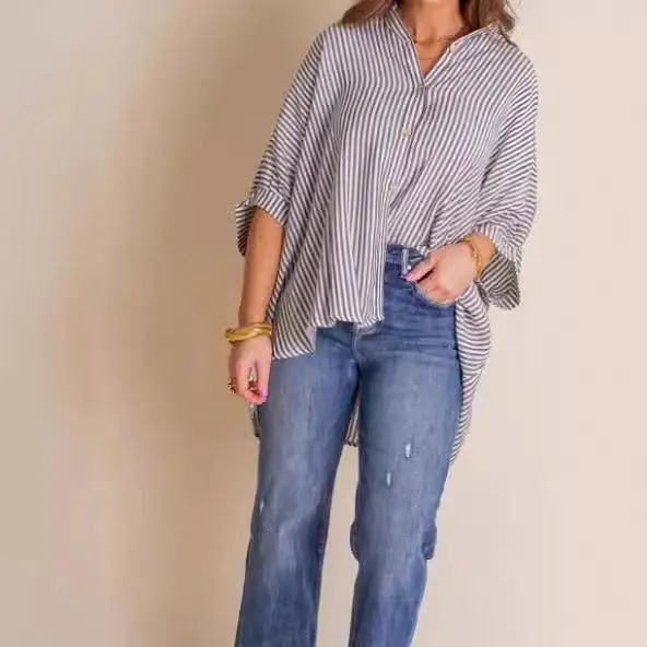 Women's Striped Single Mid-Sved irt Polyester Fiber Five-Sve Regular Thin Summer Faion Ladies' irt