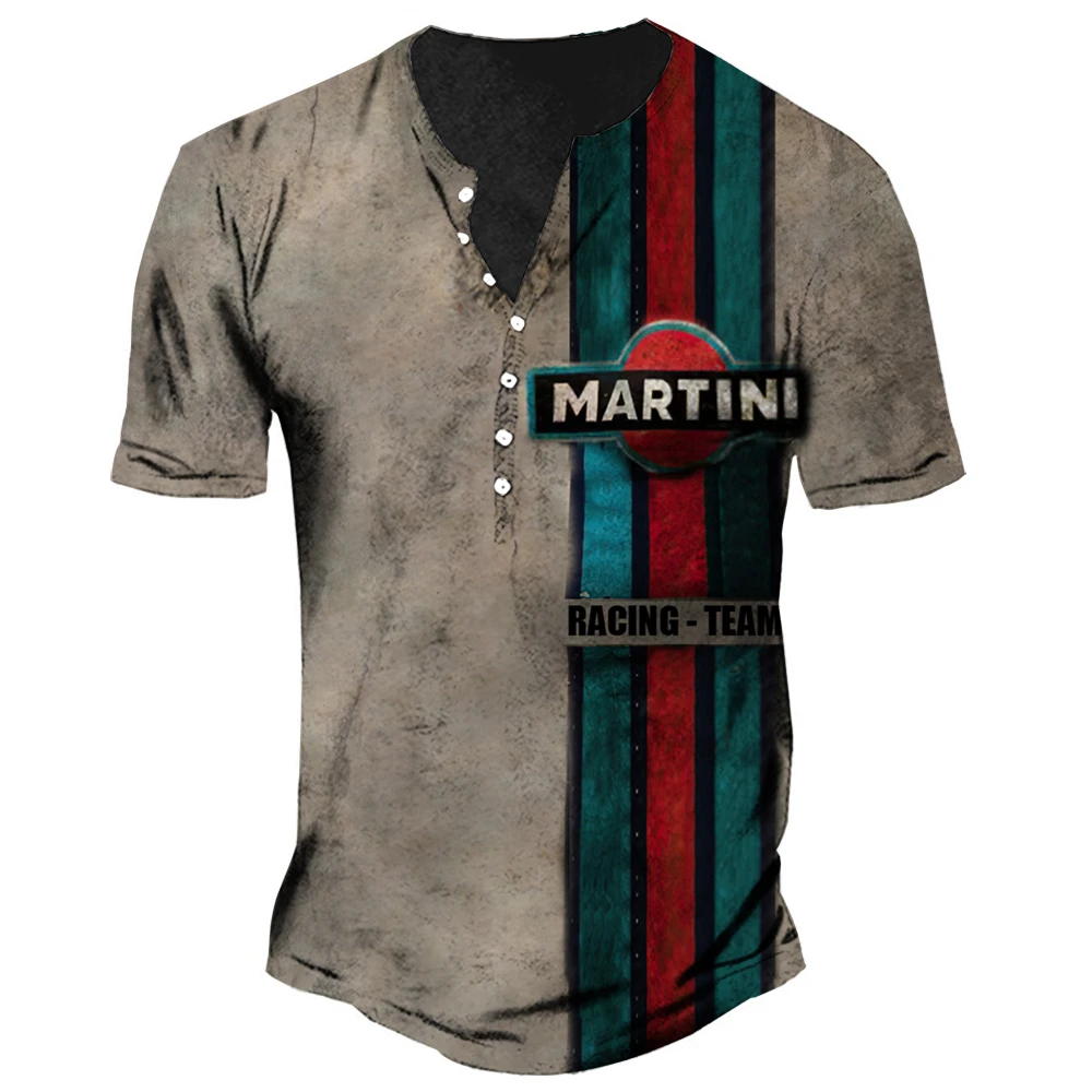 Vintage Button V-neck Martini T Shirt 3d Short Sleeve Motor Racing Tshirt For Men Oversized Tops Tee Shirt Man Punk Streetwear
