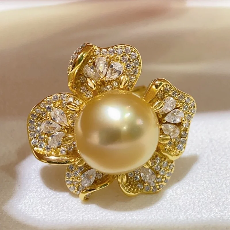 SGARIT غرامة فاخرة جنوب البحر الذهبي اللؤلؤ 2025 11-12 مللي متر 925 الفضة الذهب زهرة خاتم اللؤلؤ لحفلات الزفاف SR08 #1